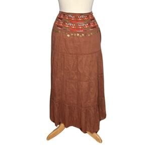 Brown Boho Bohemian Embroidered Jingle Tiered Flowy MIDI Skirt Lightweight C14